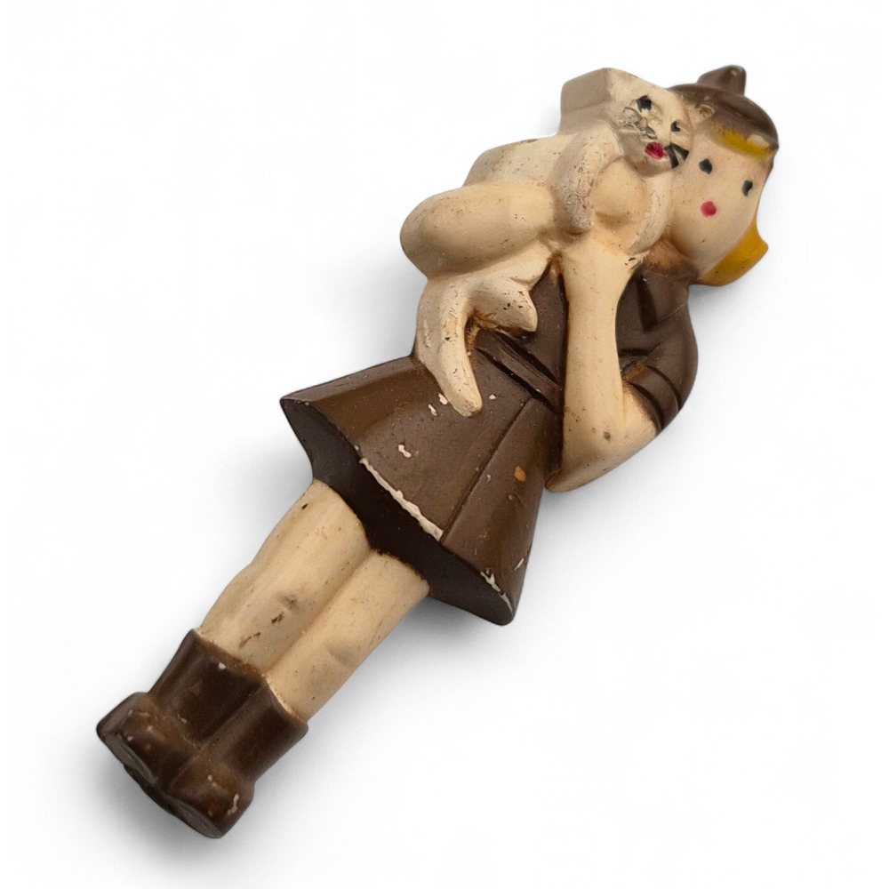 Vintage Girl Scout Holding Cat Brooch Figural Plastic Pin